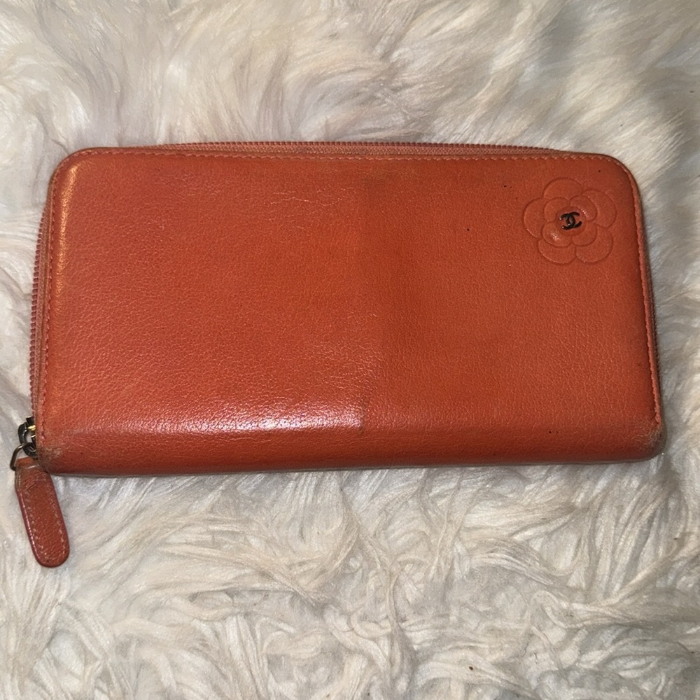 Authentic CHANEL Zip Around Long Wallet Purse Camellia Leather Orange GUC - Picture 5 of 12